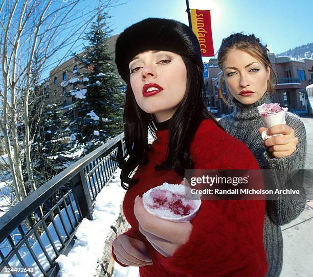 Rose McGowan and Rebecca Gayheart during 1999 Sundance Film Festival - "Jawbreaker" Portraits at Outside Zoom Restaurant on Main Street in Park City,...