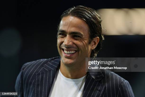 Former footballer Alessandro Matri, now a commentator for DAZN prior to the Serie A match between Atalanta BC v AC Milan at Gewiss Stadium on October...