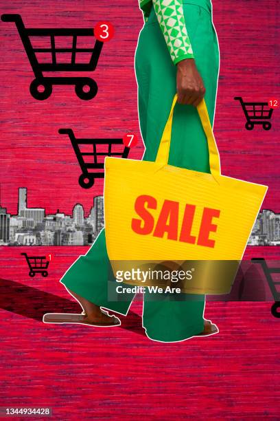 woman with shopping bag and carts in background - shopping montage stock pictures, royalty-free photos & images