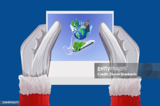 bildbanksillustrationer, clip art samt tecknat material och ikoner med holding a picture of christmas travel - christmas plane