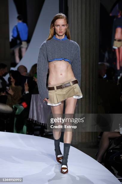 Model walks the runway during the Miu Miu Womenswear Spring/Summer 2022 show as part of Paris Fashion Week on October 05, 2021 in Paris, France.