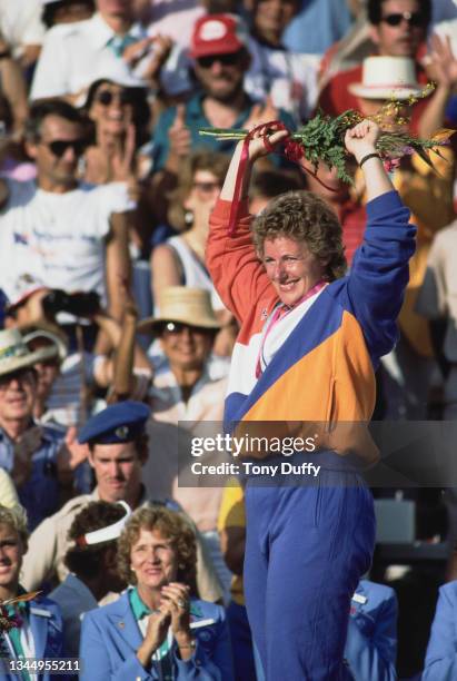 Ria Stalman of the Netherlands raises her arms in celebration after winning the Gold medal in the final of the Women's Discus competition on 11th...