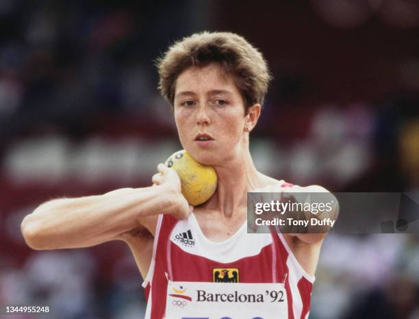 Sabine Braun of Germany competes in the Shot Put discipline of the Women's Heptathlon competition on 1st August 1992 during the XXV Summer Olympic...