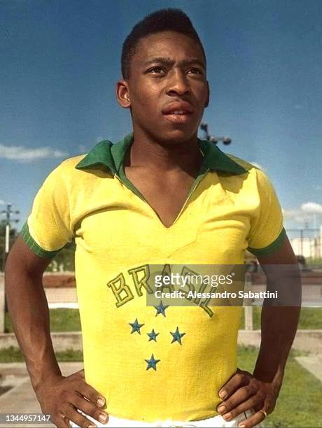 Edson Arantes do Nascimento Pele of Brazil pictured in Brazil national team shirt.