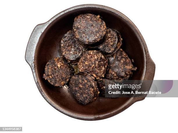 plate of fried (morcilla) or blood sausage on a white background. - black pudding stock pictures, royalty-free photos & images