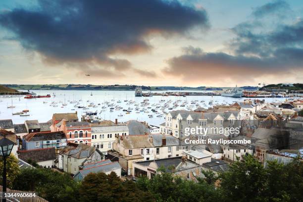 view looking over the harbour and town centre of the cornish town of falmouth on the south coast of england. - beach town stock pictures, royalty-free photos & images