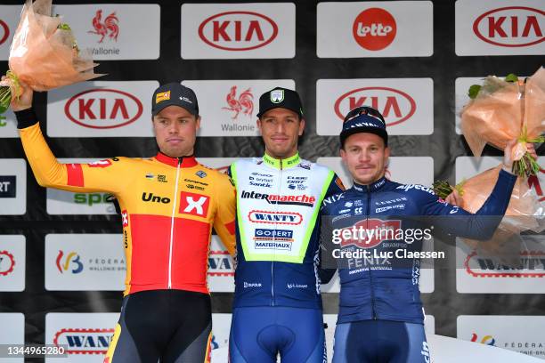 Rasmus Fossum Tiller of Norway and UNO - X Pro Cycling Team on second place, stage winner Danny Van Poppel of Netherlands and Team Intermarché -...