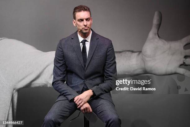 Pau Gasol faces the media during a press conference to announce his retirement from basketball at El Liceu de Barcelona theater on October 05, 2021...