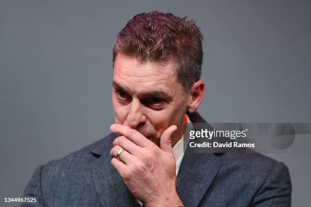 Pau Gasol faces the media during a press conference to announce his retirement from basketball at El Liceu de Barcelona theater on October 05, 2021...