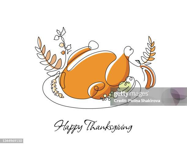 illustrations, cliparts, dessins animés et icônes de un dessin au trait d’une dinde avec des feuilles jaunes et brunes d’automne. joyeux thanksgiving - dinde viande blanche