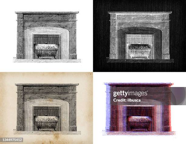 antique illustration of scientific discoveries: fireplaces, stoves, heaters and chimneys - stove flame stock illustrations