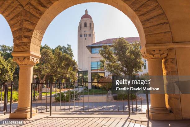 General view of Hoover Tower through the arches of the Main Quadrangle on the campus of Stanford University before a college football game against...