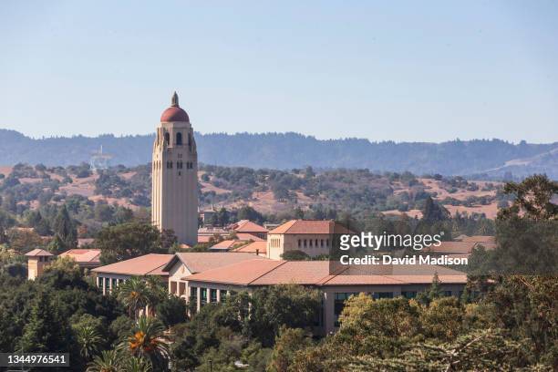 General view of the campus of Stanford University including Hoover Tower as seen from Stanford Stadium before a college football game against the...