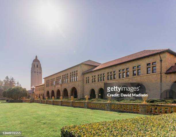 General view of the buildings of the Main Quadrangle and Hoover Tower on the campus of Stanford University before a college football game against the...