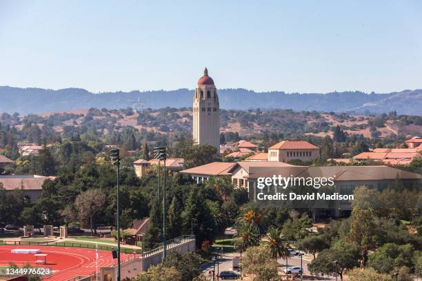 General view of the campus of Stanford University including Hoover Tower as seen from Stanford Stadium before a college football game against the...