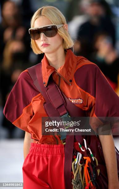 Model walks the runway during the Lacoste Womenswear Spring/Summer 2022 show as part of Paris Fashion Week on October 05, 2021 in Paris, France.