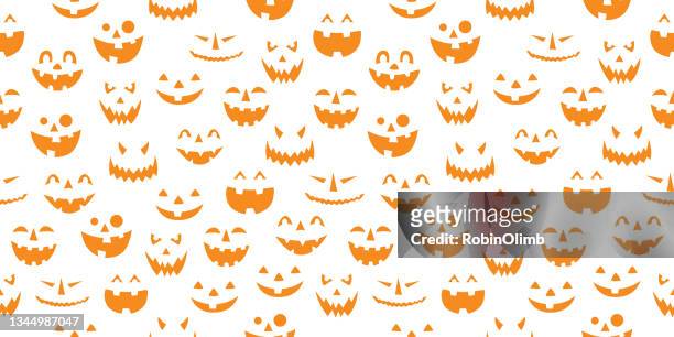 orange pumpkin faces on white background - halloween stock illustrations