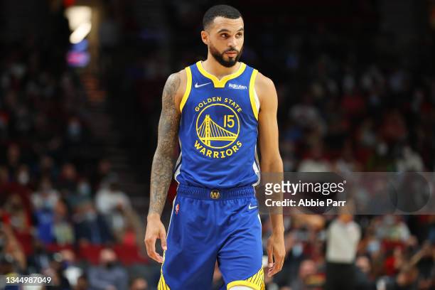 Mychal Mulder of the Golden State Warriors looks on against the Portland Trail Blazers in the fourth quarter during the preseason game at Moda Center...