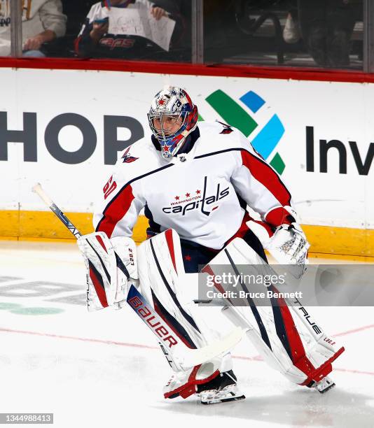 Zach Fucale of the Washington Capitals skates in warm-ups prior to the preseason game against the New Jersey Devils at the Prudential Center on...