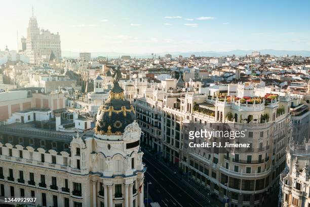 madrid city landscape with gran via street, spain - gran vía madrid foto e immagini stock