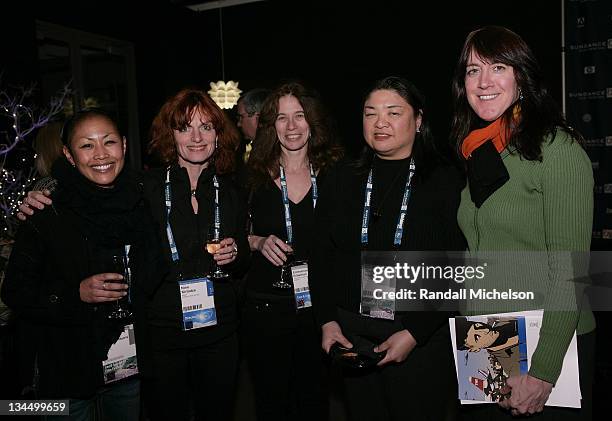 Kiara Grunning-Harris, Nino Kirtadze, Emmanuelle Erbsman, Claire Aguilar and Lois Vossen of PBS attend the PBS Reception at the Sundance House during...