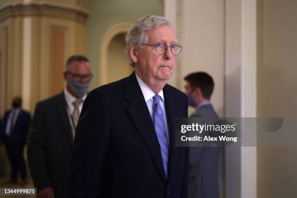 Senate Minority Leader Sen. Mitch McConnell leaves after a weekly Senate Republican policy luncheon at the U.S. Capitol October 5, 2021 in...