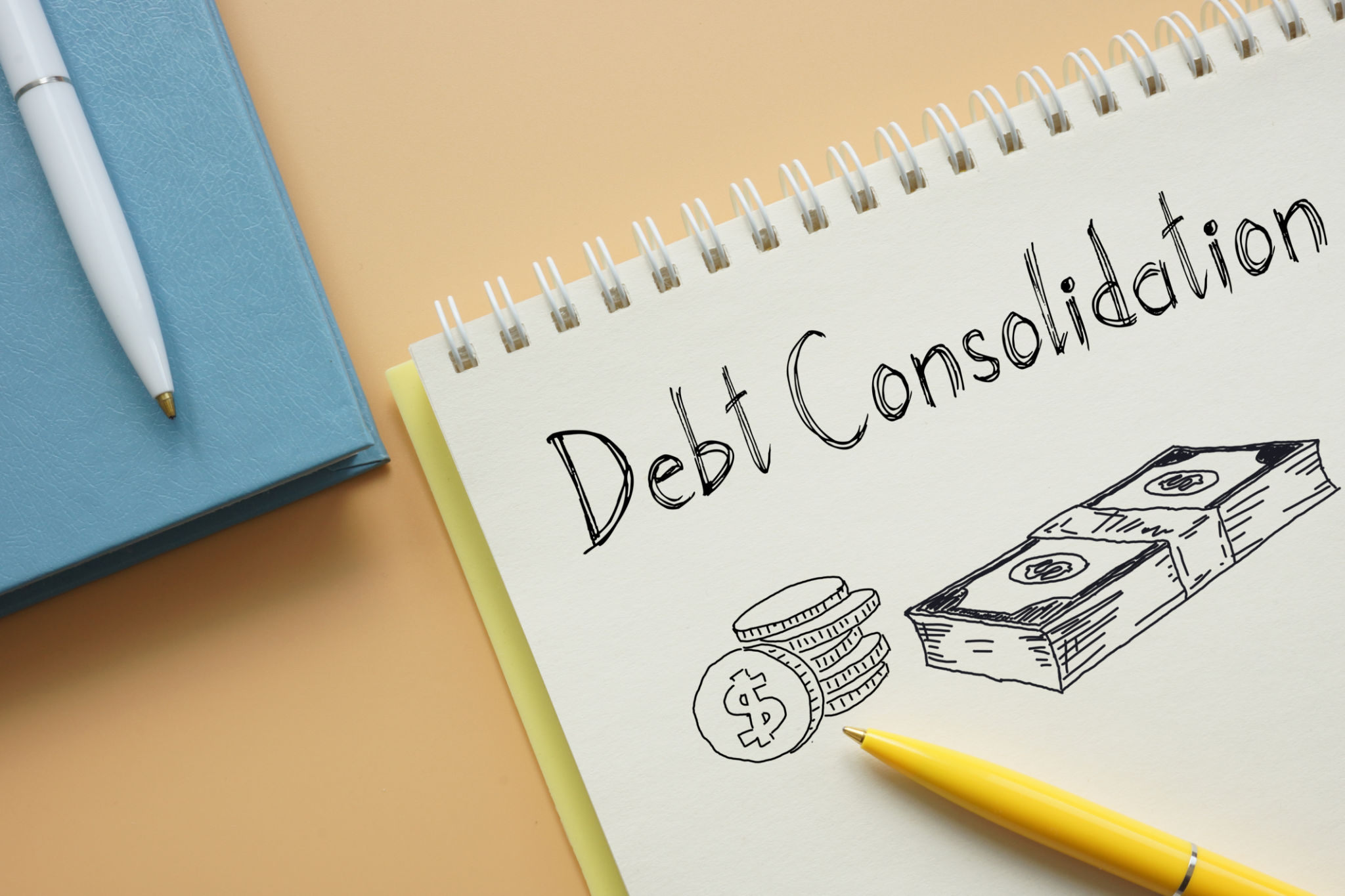 Debt consolidation is shown on the business photo using the text Debt consolidation is shown on the business photo using the text
