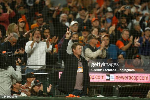 Former San Francisco Giants player Matt Cain acknowledges the fans during the game between the San Francisco Giants and the Arizona Diamondbacks at...