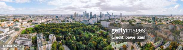 aerial view of warsaw city in poland with saxon garden - park panoramic stock pictures, royalty-free photos & images