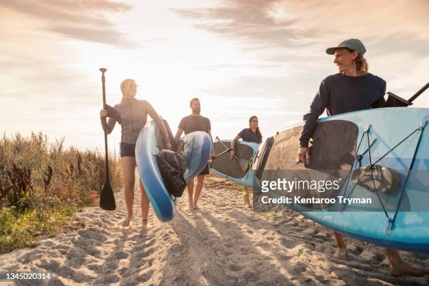 male and female friends carrying paddleboard at sandy beach during sunset - paddelbrett stock-fotos und bilder