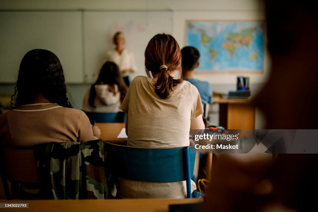Rear view of teenage girls and boys learning in classroom