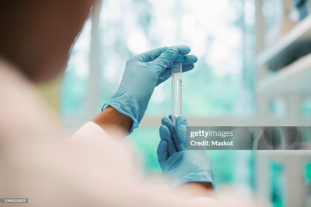 Mature female virologist examining test tube while working in laboratory
