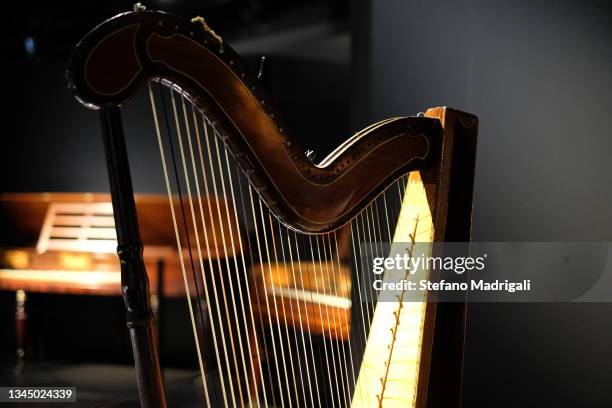 ancient arpa with illuminated wooden ropes with an abstract blurred background - orchester stock-fotos und bilder