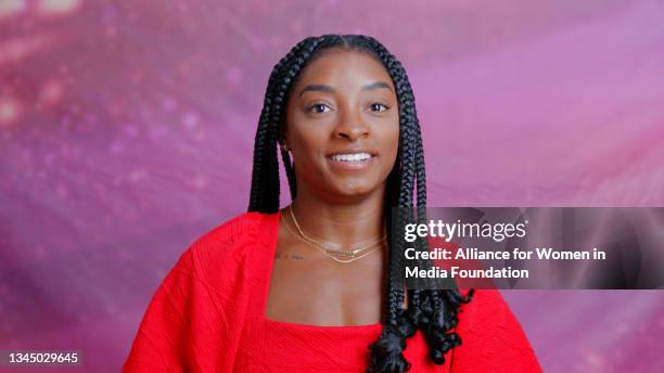 In this screengrab, Simone Biles presents the Gracies Grand Award at the 46th Annual Gracie Awards on October 05, 2021.