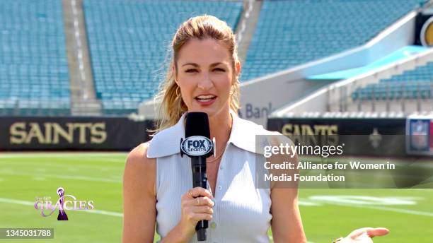 In this screengrab, Erin Andrews accepts the award for Best On-Air Talent - Sports at the 46th Annual Gracie Awards on October 05, 2021.