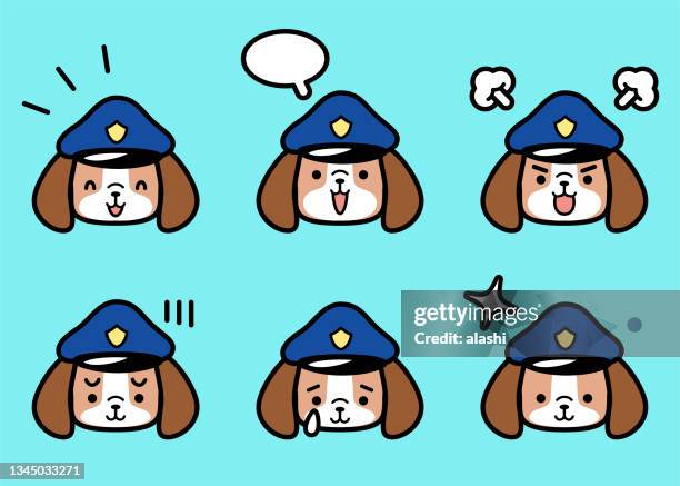 ilustraciones, imágenes clip art, dibujos animados e iconos de stock de lindo conjunto de iconos de un perro policía que tiene seis expresiones faciales en tonos pastel de color - basset hound