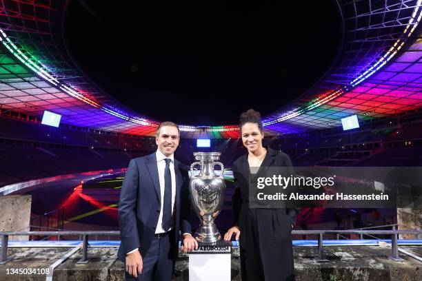 Philipp Lahm, Tournament Director UEFA EURO 2024 and Celia Sasic, Tournament Ambassador UEFA EURO 2024 poses with the UEFA EURO 2024 Winners Trophy...