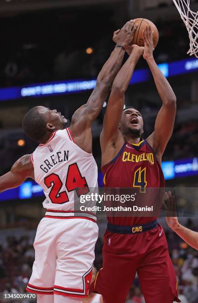 Javonte Green of the Chicago Bulls blocks a shot by Evan Mobley of the Cleveland Cavaliers during a preseason game at the United Center on October...