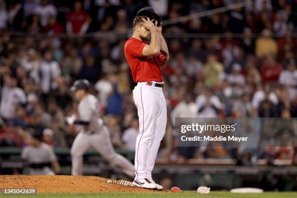 Nathan Eovaldi of the Boston Red Sox reacts after a home run by Anthony Rizzo of the New York Yankees during the sixth inning of the American League...