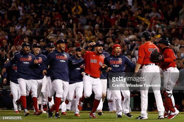 The Boston Red Sox run to Garrett Whitlock as they celebrate their 6-2 win against the New York Yankees in the American League Wild Card game at...