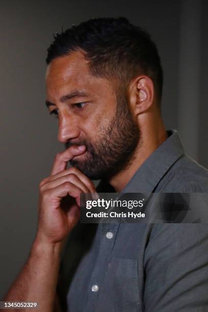 Benji Marshall speaks to the media during a South Sydney Rabbitohs NRL press conference at Gold Coast Sports and Leisure Centre on October 06, 2021...