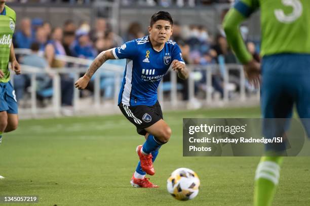 Javier Eduardo Lopez of the San Jose Earthquakes dribbles the ball during a game between San Jose Earthquakes and Seattle Sounders FC at PayPal Park...