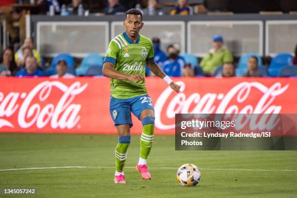 Leo Chu the of the Seattle Sounders dribbles the ball during a game between San Jose Earthquakes and Seattle Sounders FC at PayPal Park on September...