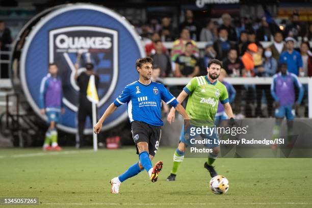 Chris Wondolowski of the San Jose Earthquakes passes the ball during a game between San Jose Earthquakes and Seattle Sounders FC at PayPal Park on...
