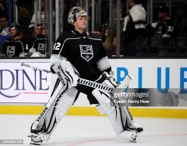 Jonathan Quick of the Los Angeles Kings reacts as he returns to the net after an empty net goal in a 4-1 Arizona Coyotes win during the third period...