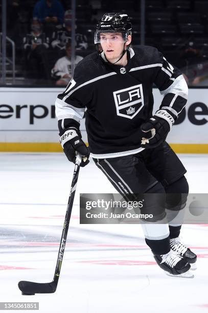 Lias Andersson of the Los Angeles Kings skates on the ice during the third period against the Arizona Coyotes at STAPLES Center on October 5, 2021 in...