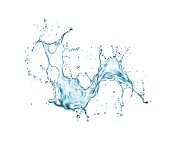 Transparent blue water wave splash with drops