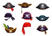 Cartoon pirate bandana, sailor tricorn cocked hat