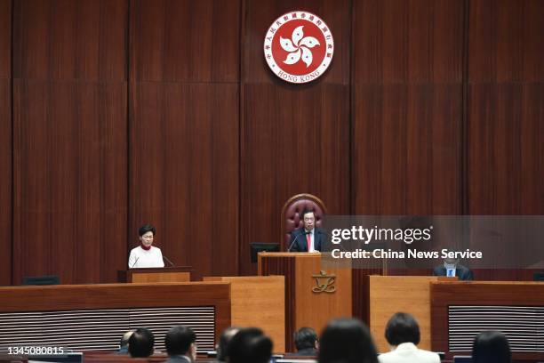 Hong Kong Chief Executive Carrie Lam Cheng Yuet-ngor delivers her policy address at the Legislative Council on October 6, 2021 in Hong Kong, China.