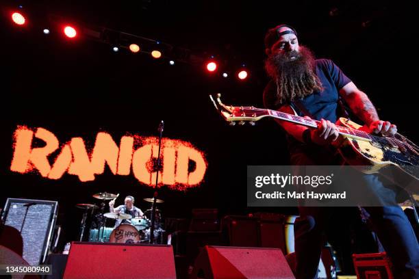 Tim Armstrong of Rancid performs onstage during the "Boston To Berkeley II" tour at WaMu Theater on October 05, 2021 in Seattle, Washington.